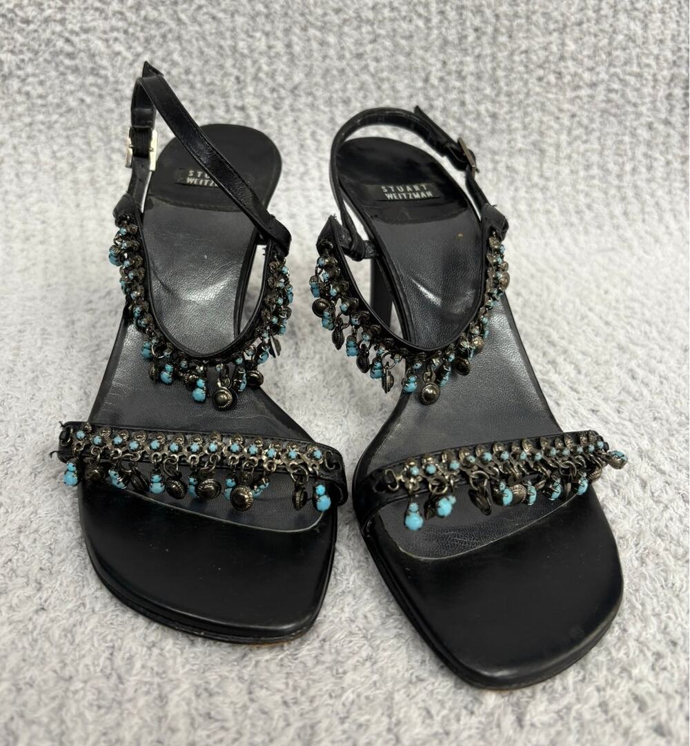 Stuart Weitzman Black Leather Beaded Heeled Sandals Size 5.5 #72151